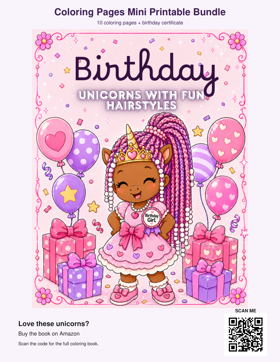 Birthday unicorn mini coloring printable cover