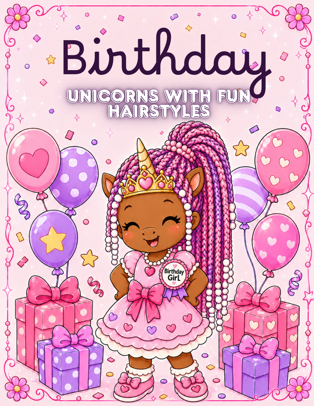 Birthday Unicorn with Fun Hairstyles cover featuring a unicorn girl with pink beaded braids, a crown, and party balloons.