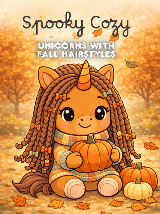 Spooky Cozy Unicorns cover featuring a unicorn with loc-inspired hair holding a pumpkin in an autumn scene.
