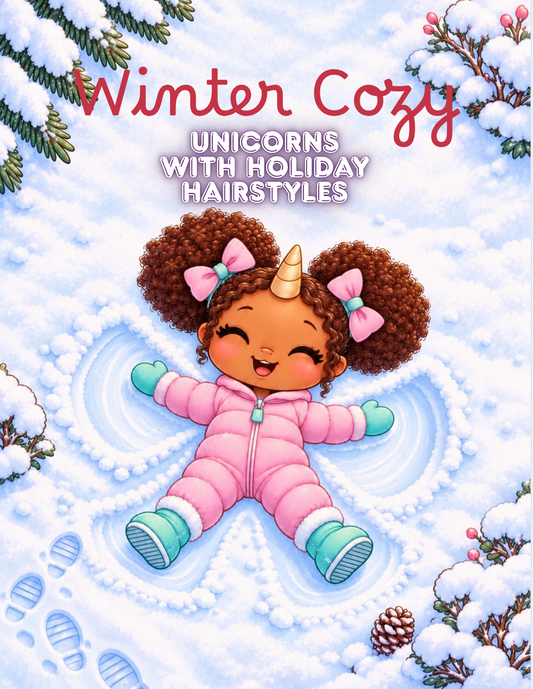 Winter Cozy Unicorns cover featuring a unicorn girl with curly puffs making a snow angel in a pink snowsuit.
